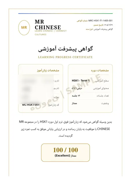 گواهی پیشرفت آموزشی — ترم اول HSK1